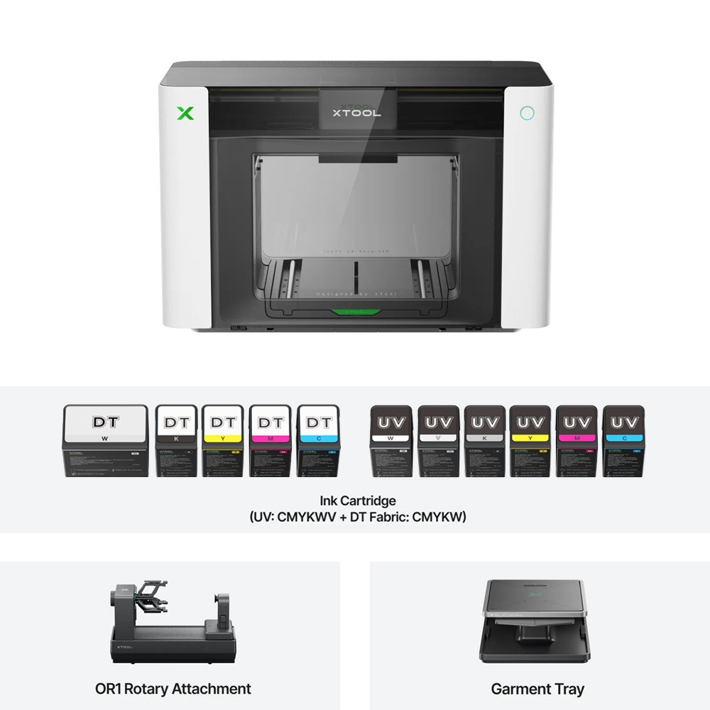 xTool O1 Omni Printer UV & DT Rotary Bundle with OR1 Rotary Attachment and Garment Tray for UV, DTG, DTF and UV DTF printing