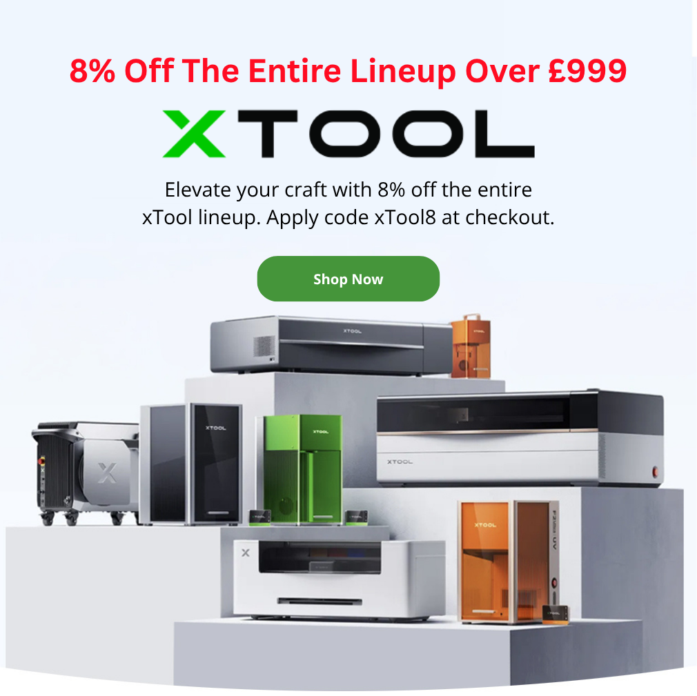 E-commerce promotional banner for xTool. The text reads '8% off the entire lineup. Elevate your craft with 8% off the entire xTool lineup. Apply code xTool8 at checkout' next to a 'Shop the Sale' button.